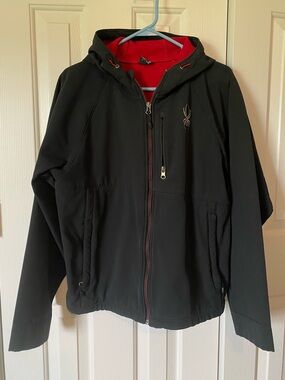 Spyder Men's Black Hooded Softshell Jacket with Red Fleece Lining Size Medium